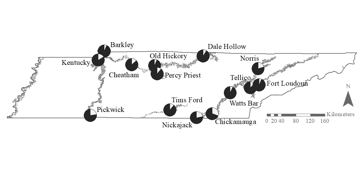 Map of Tennessee overlaid with pie charts that show the relative abundance of two species of bass at each site.