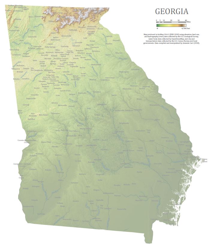 Elevation map of Georgia, with artistically designed colors and hill shade.