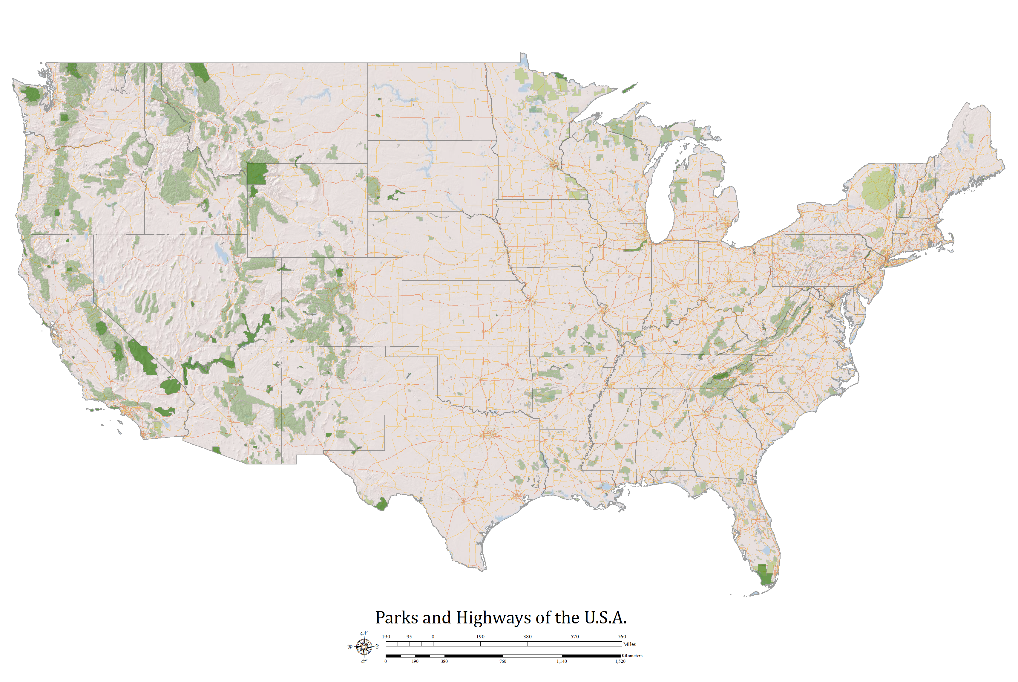 Map of the United States showing major highways and national parks and forests.